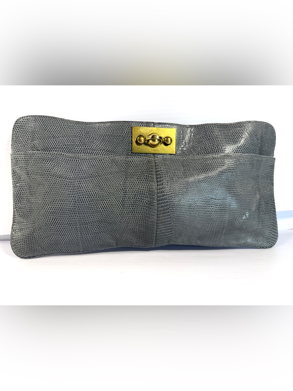 Chloé Gray Lizard-Embossed Leather Clutch with Gold Turnlock